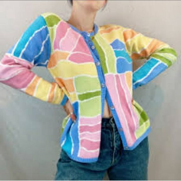 Vintage Talbots Sweaters - Pretty Vintage Talbots Color Block Button Up Cardigan Sweater Sz Small Petite